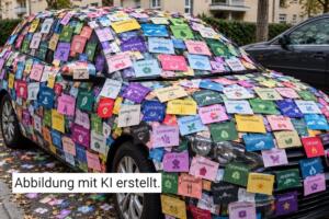 Ein Auto, das völlig übertrieben mit Hunderten von Werbekärtchen übersät ist. Fahrzeug steht auf einem Parkplatz. (KI-generiertes Bild).